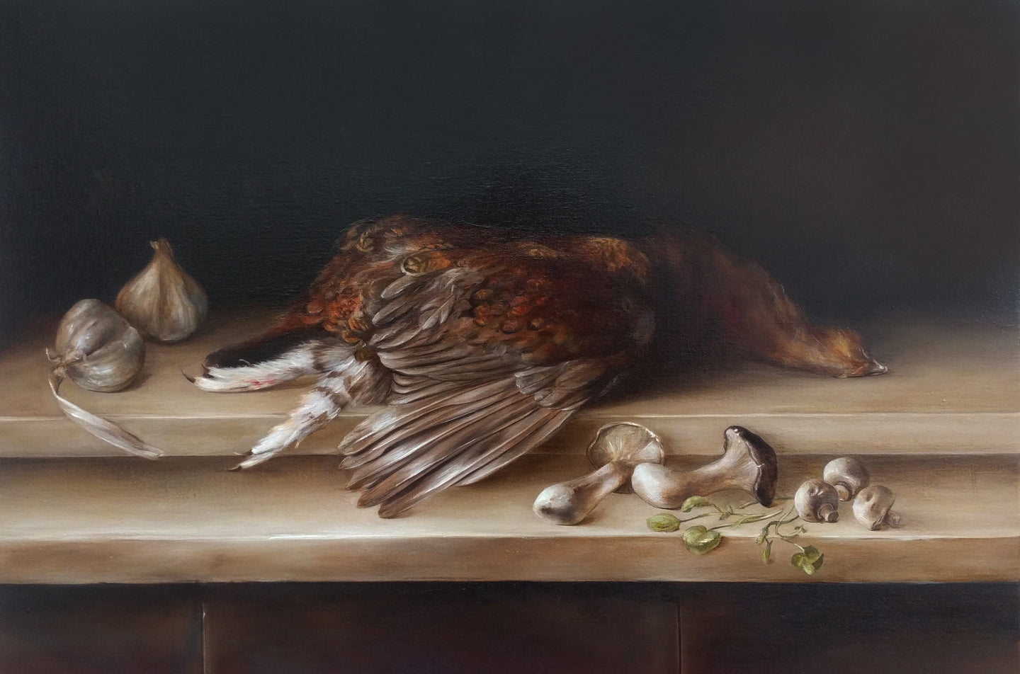 Original oil painting: a recipe for Grouse with garlic, mushrooms and watercress