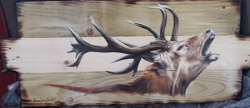 OIL PAINTING ON RECLAIMED WOOD - BELLOWING STAG